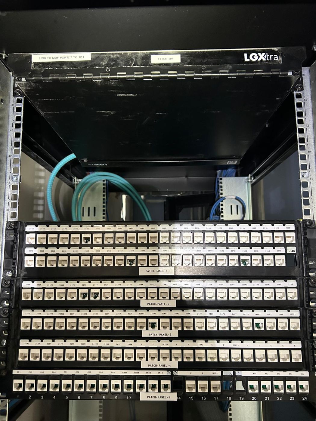 Finished hotel IDF rack with dressed and labelled Cat6 patch panels