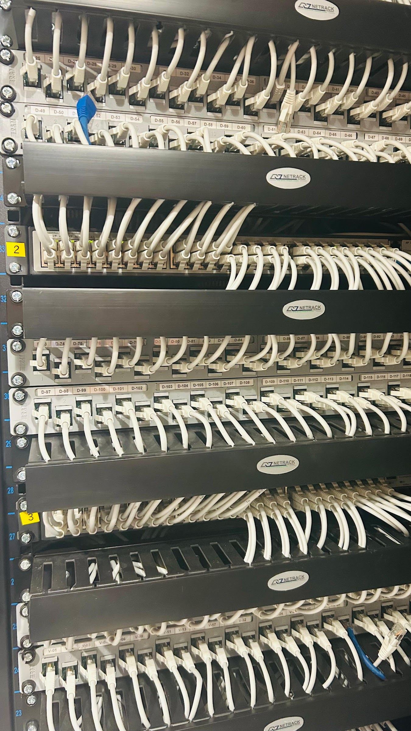 Patch panels with labelled white patch cables and cable managers in a network rack installed by Techmaster Solutions