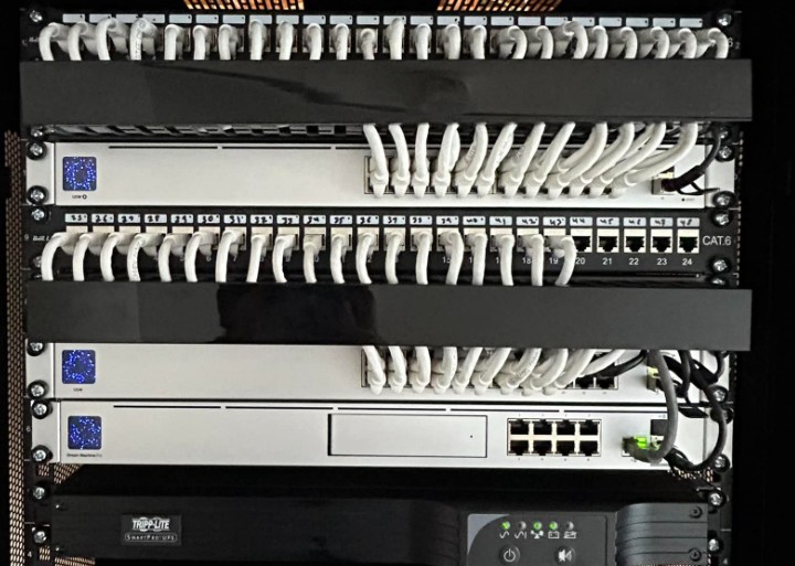 UniFi network rack installed by Techmaster Solutions with UniFi switches, Dream Machine Pro and patch panels